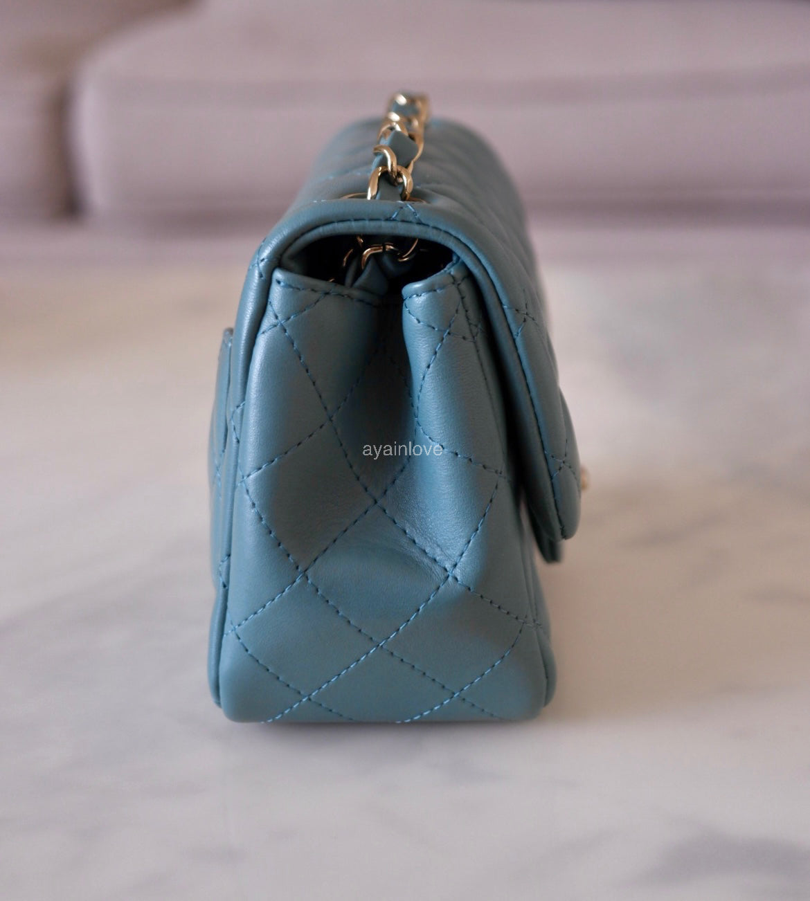 CHANEL 2022 Turquoise Blue Lambskin Microchipped Quilted Square Mini Flap Bag Light Gold Hardware