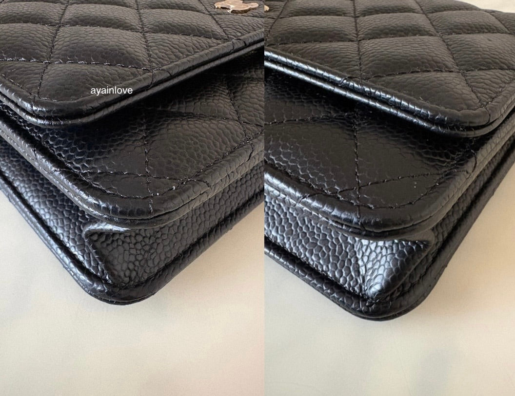 CHANEL Black Caviar Microchipped Classic Wallet On Chain Gold Hardware