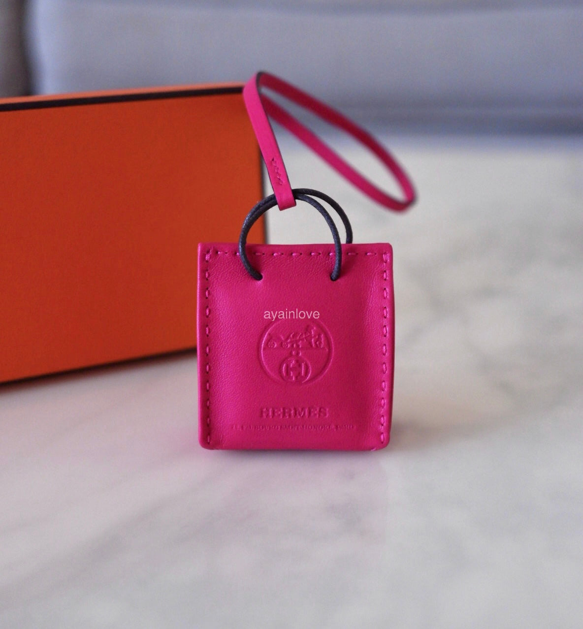 HERMES Pink Rose Mexico Leather Shopping Sac Bag Charm