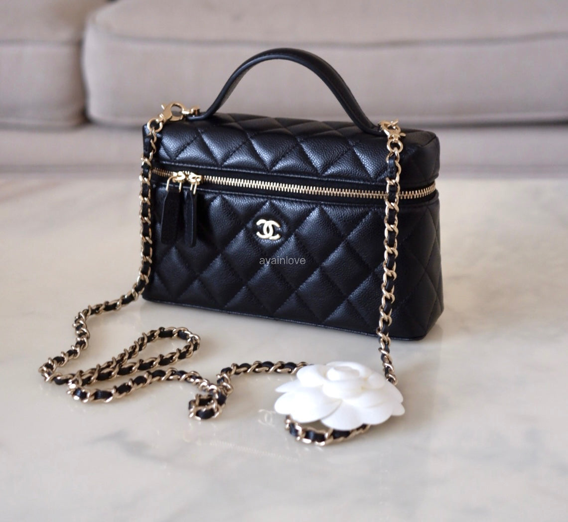 CHANEL 2025 Black Caviar Top Handle Flat Vanity on Chain Light Gold Hardware