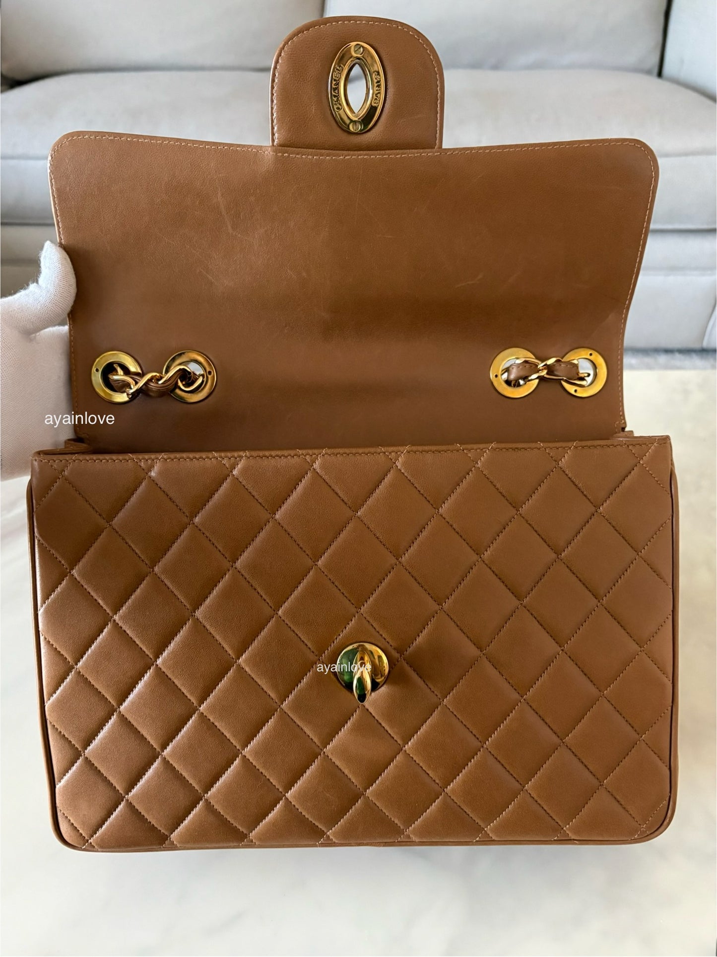 CHANEL Vintage Dark Beige Quilted Jumbo Classic Single Flap Oversized CC Bag 24KT Gold Plated Hardware Series 3