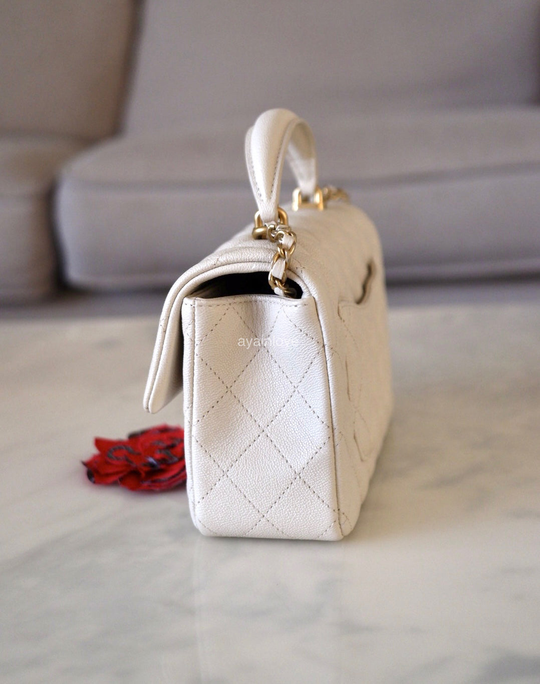 CHANEL 21S Light Beige Caviar Top Handle Rectangular Mini Bag Gold Hardware