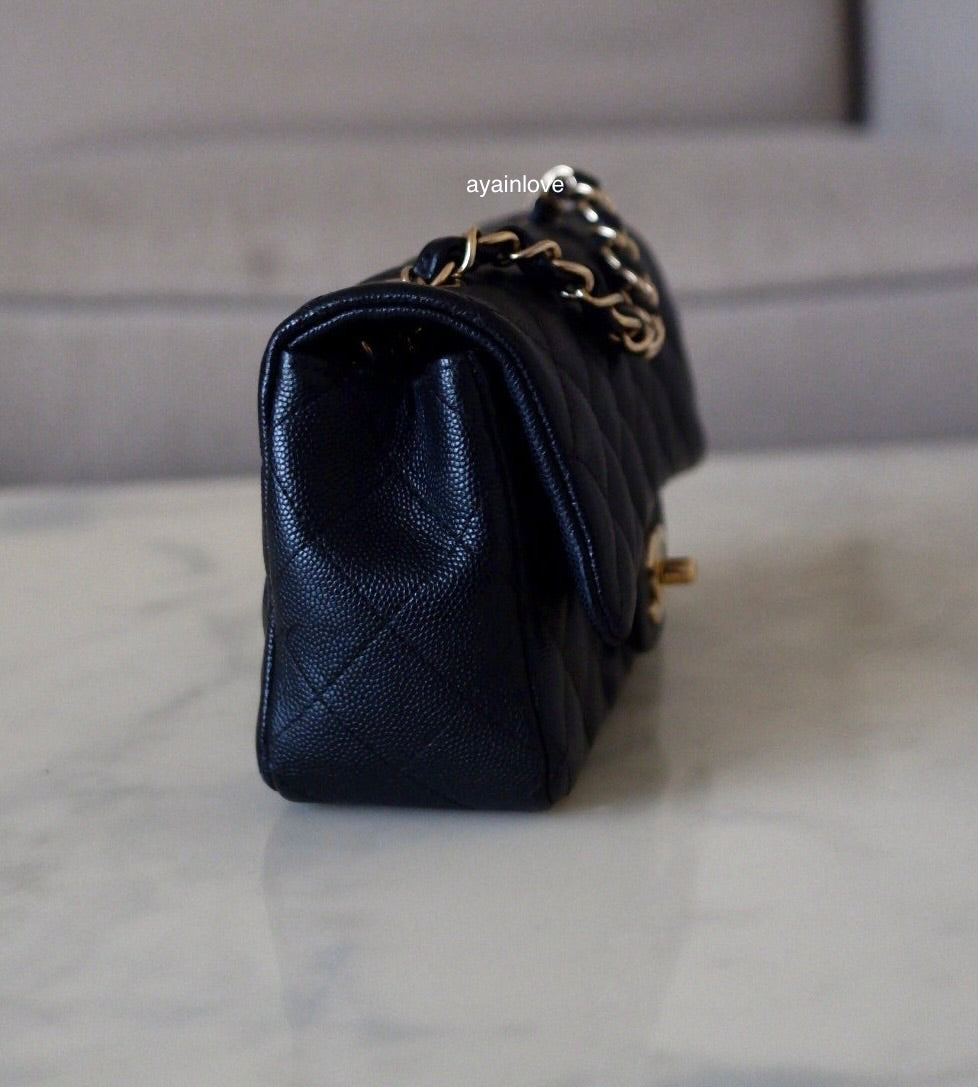 CHANEL 18B Black Caviar Quilted Rectangular Mini Flap Bag Light Gold Hardware