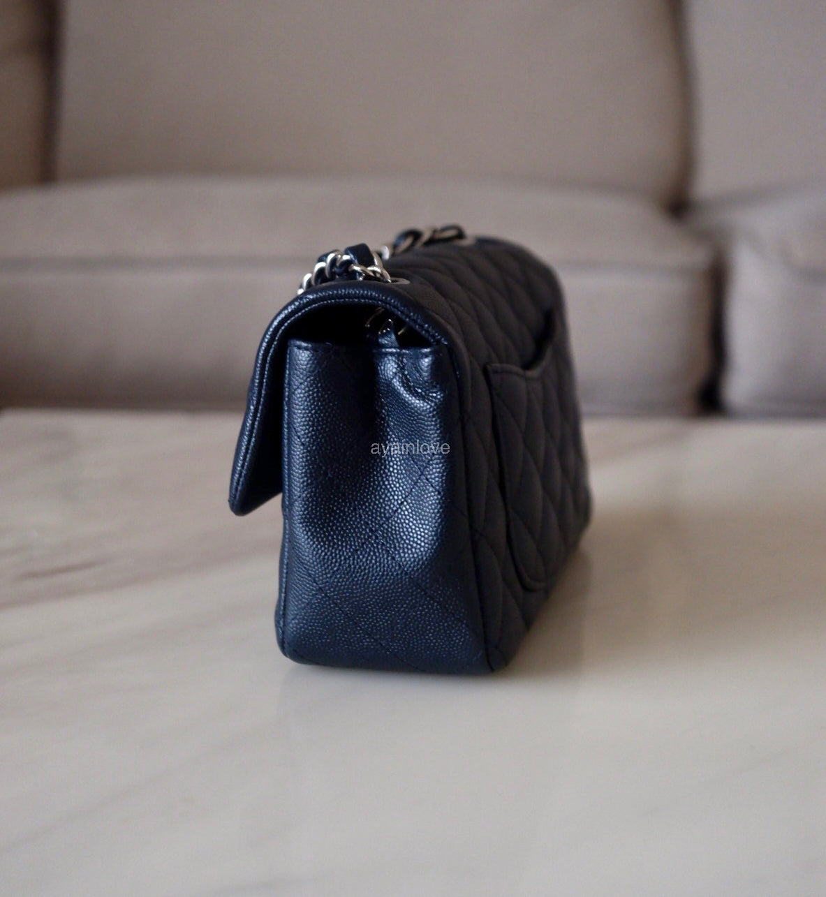 CHANEL 18B Navy Blue Caviar Quilted Rectangular Mini Flap Bag Silver Hardware