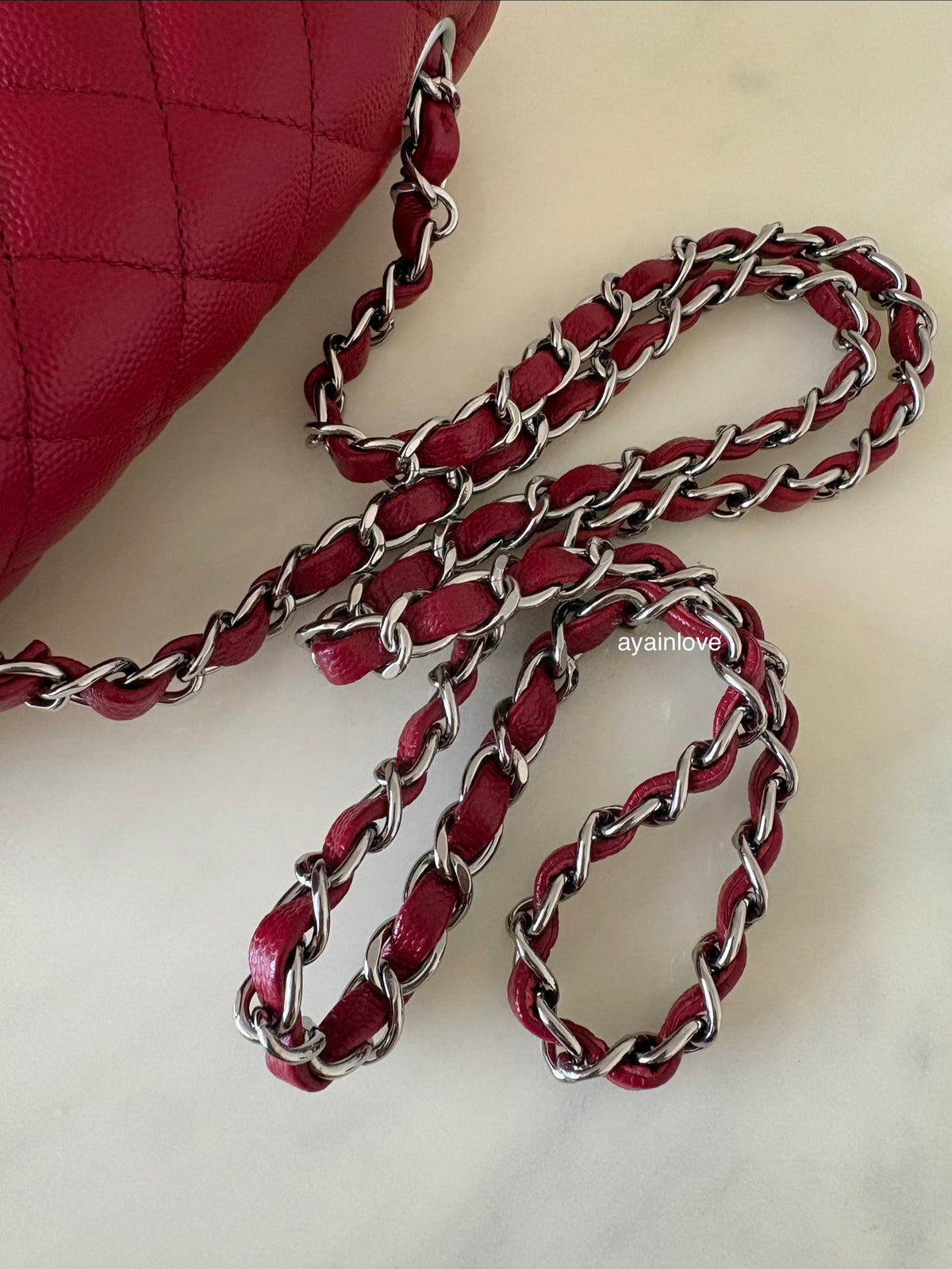 CHANEL 17B Red Caviar Quilted Classic Rectangular Mini Silver Hardware