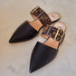 FENDI Vitello Maya Black FF Embossed Monogram Buckle Flat Slides Mules Size 38