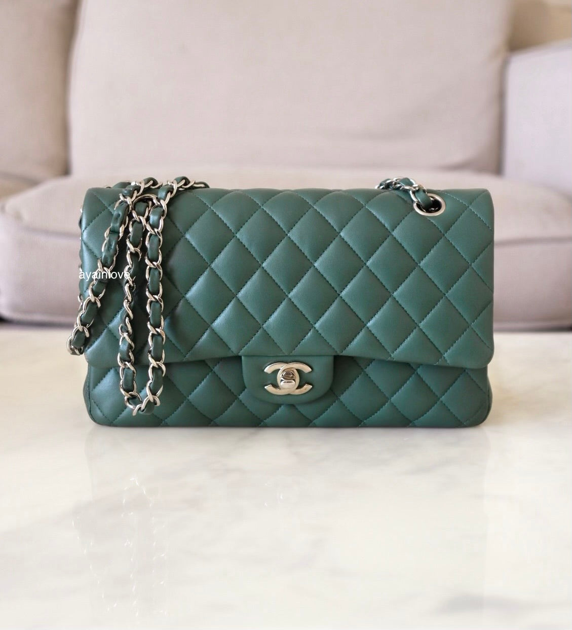 CHANEL Dark Green Lambskin Medium/Large Classic Flap Silver Hardware