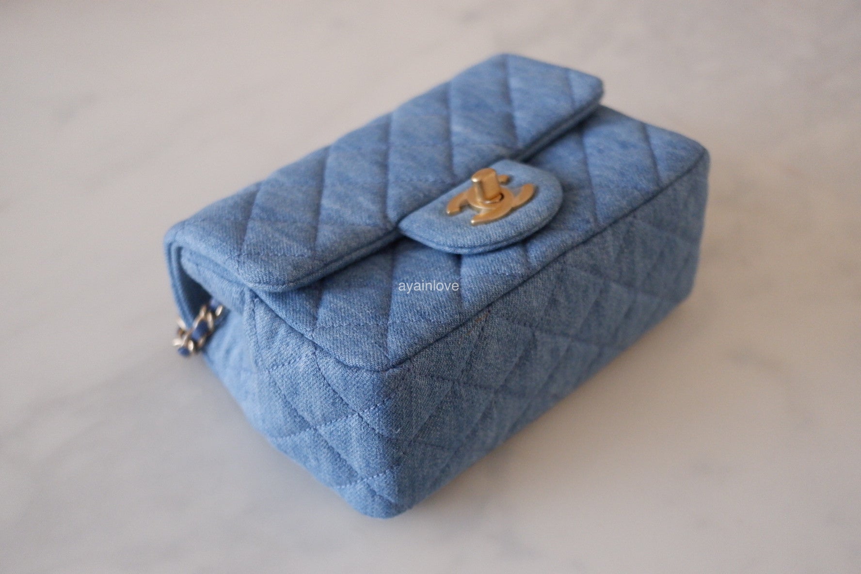 CHANEL 22C Blue Denim Pearl Crush Square Mini Flap Bag Gold Hardware