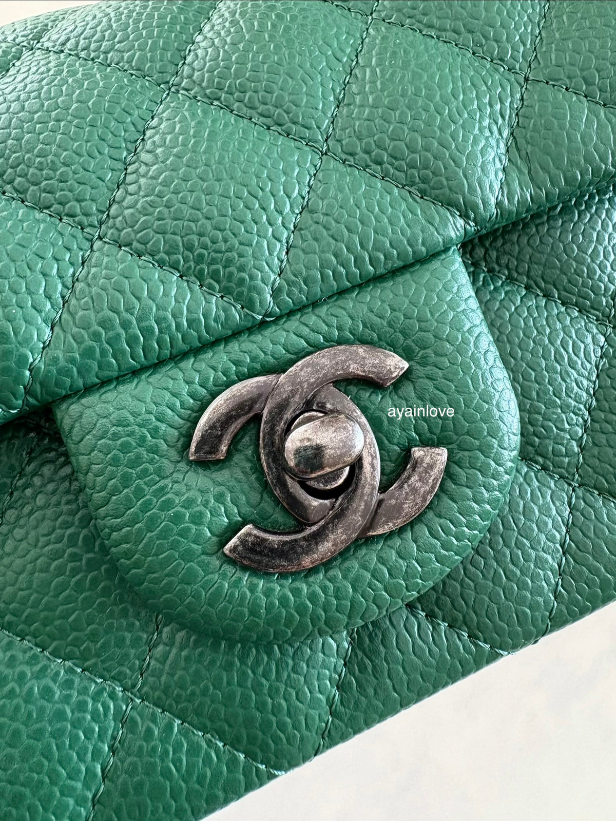 CHANEL Green Caviar Classic Quilted Rectangular Mini Flap Bag Ruthenium Hardware