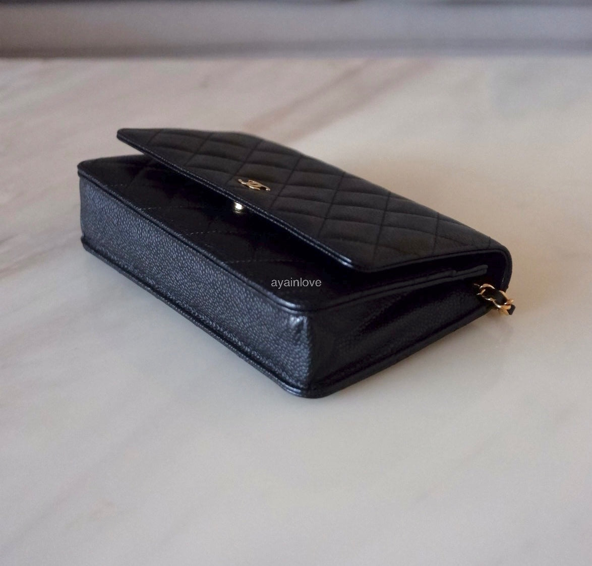 CHANEL Black Caviar Microchipped Classic Wallet On Chain Gold Hardware