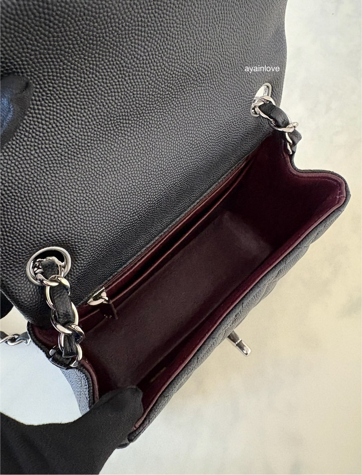 CHANEL 17B Black Caviar (Burgundy Interior) Quilted Square Mini Flap Bag Silver Hardware