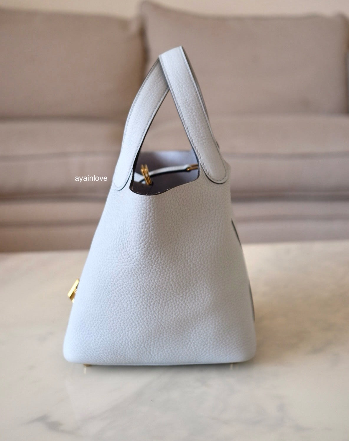 HERMES Picotin 18 Bleu Pale Taurillion Clemence Gold Hardware B Stamp