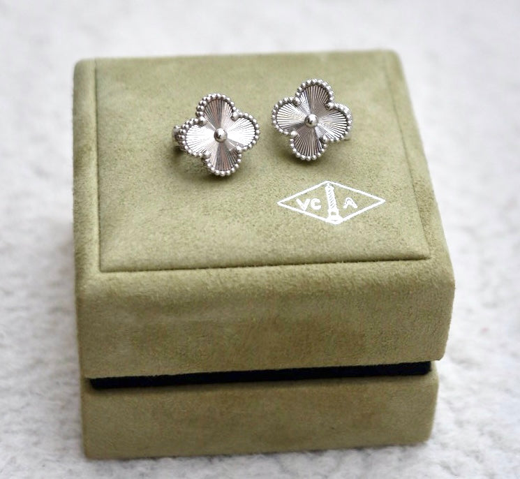 VAN CLEEF ARPELS VCA 18KT White Gold Guilloche Vintage Alhambra Earrings