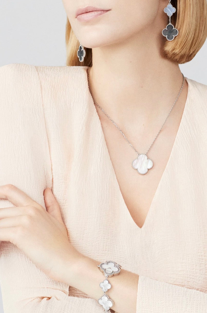 Van Cleef Arpels VCA White Mother of Pearl Magic Alhambra Pendant Necklace 18KT White Gold