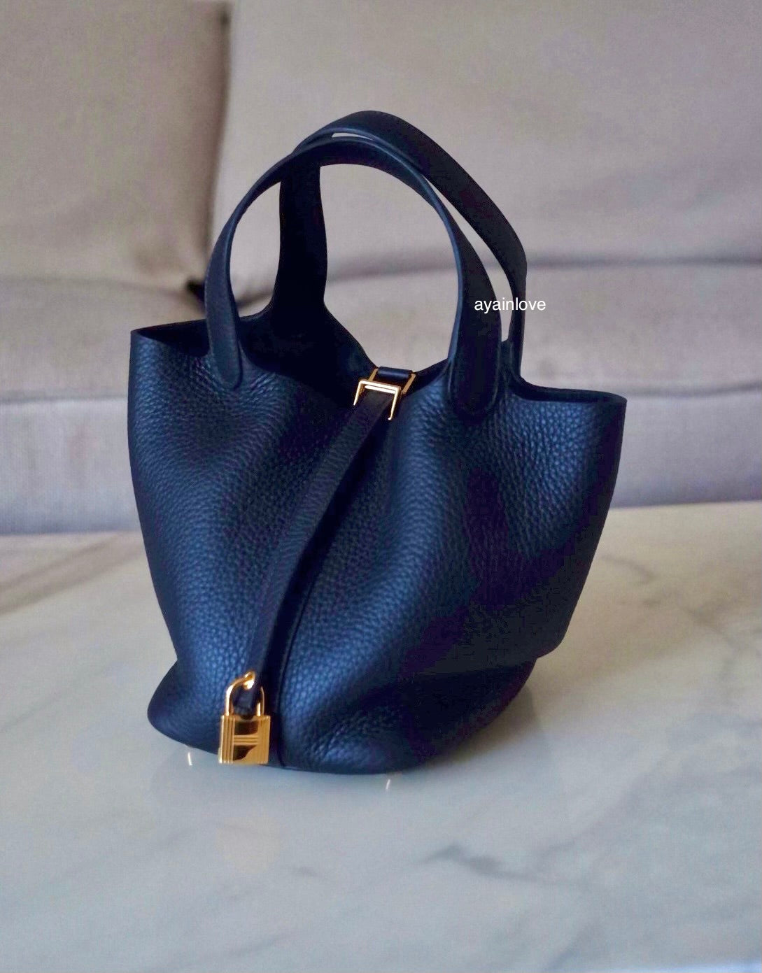 HERMES Picotin Lock 18 Caban Dark Blue Black Taurillion Clemence Gold Hardware K Stamp