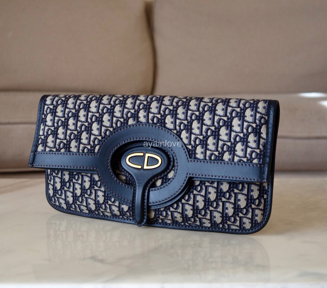 DIOR Blue Oblique Jacquard Fold Over Clutch Bag