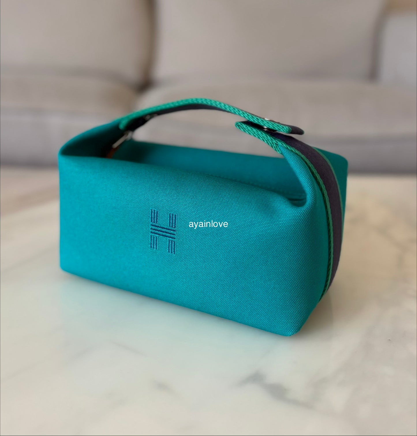 HERMES Bride-A-Brac Green Canvas Toilette Au Carre Case Small PM Palladium Hardware