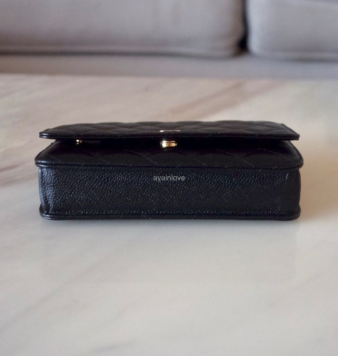 CHANEL Black Caviar Microchipped Classic Wallet On Chain Gold Hardware