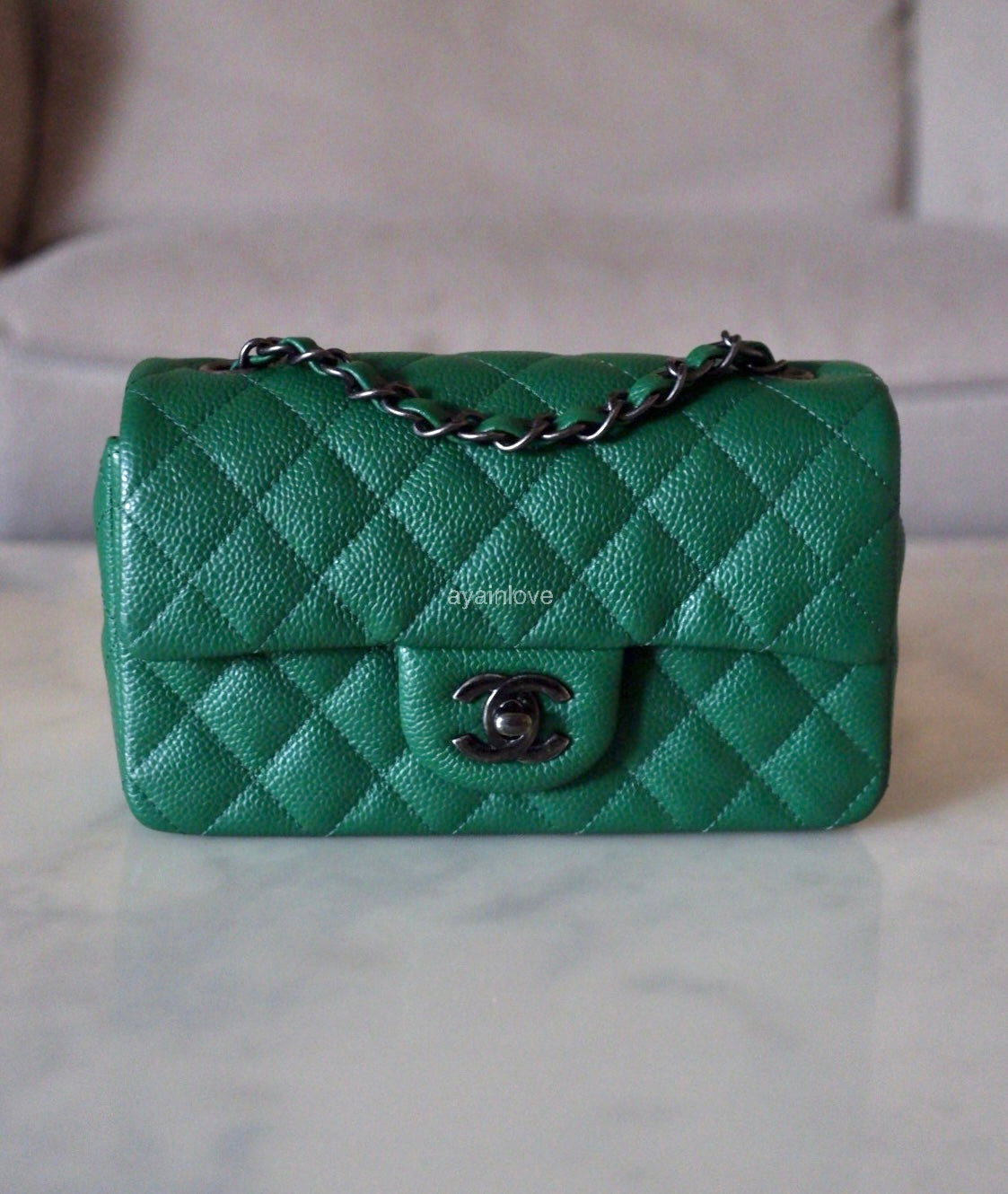 CHANEL Green Caviar Classic Quilted Rectangular Mini Flap Bag Ruthenium Hardware