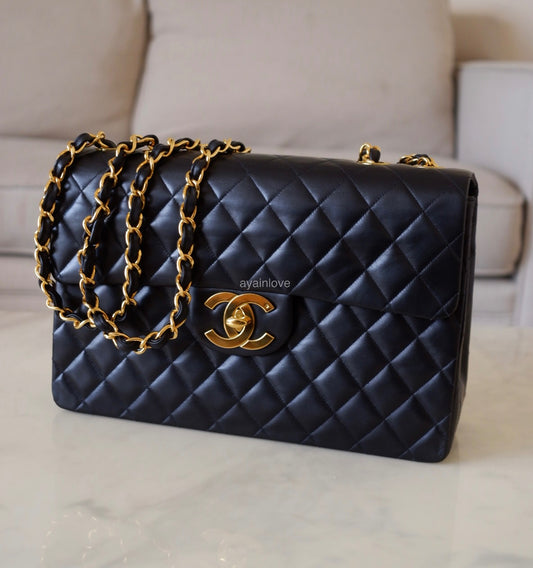 CHANEL Vintage Black Quilted Maxi XL Jumbo Classic Single Flap Oversized CC Bag 24KT Gold Plated Hardware Series 3