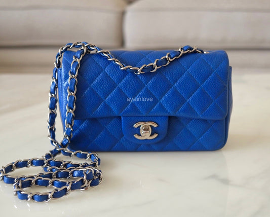 CHANEL 13S Blue Roi Caviar Classic Quilted Rectangular Mini Flap Bag Silver Hardware