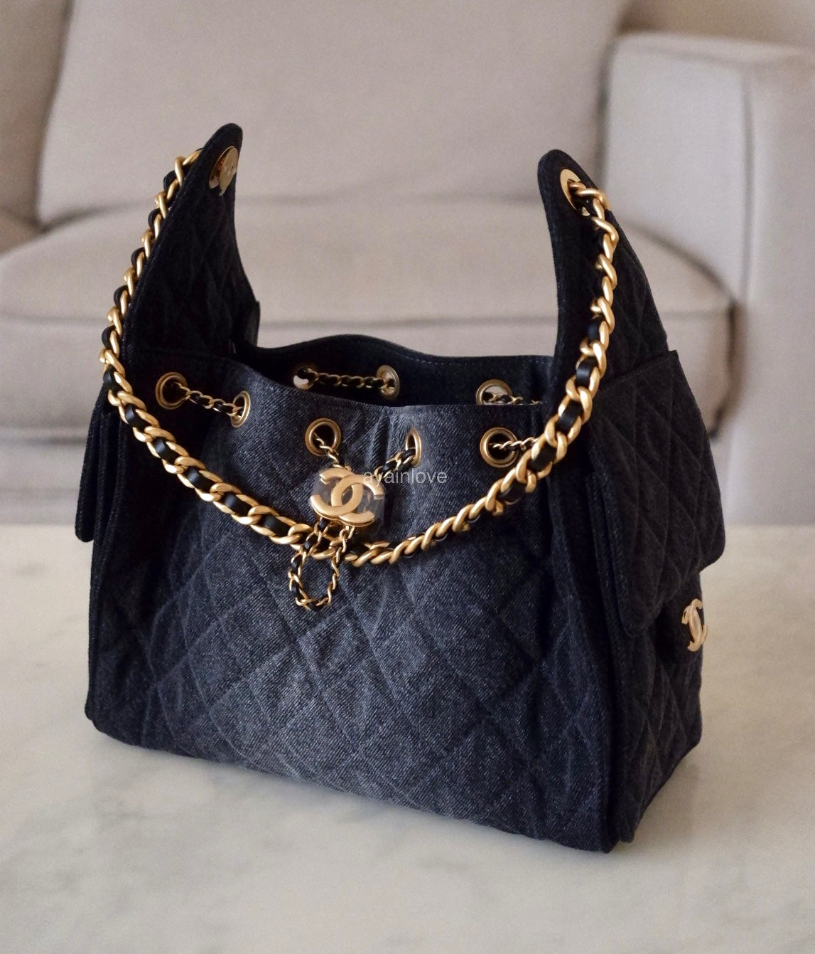 CHANEL 26P Black Washed Denim Small 25 Bag Gold Hardware
