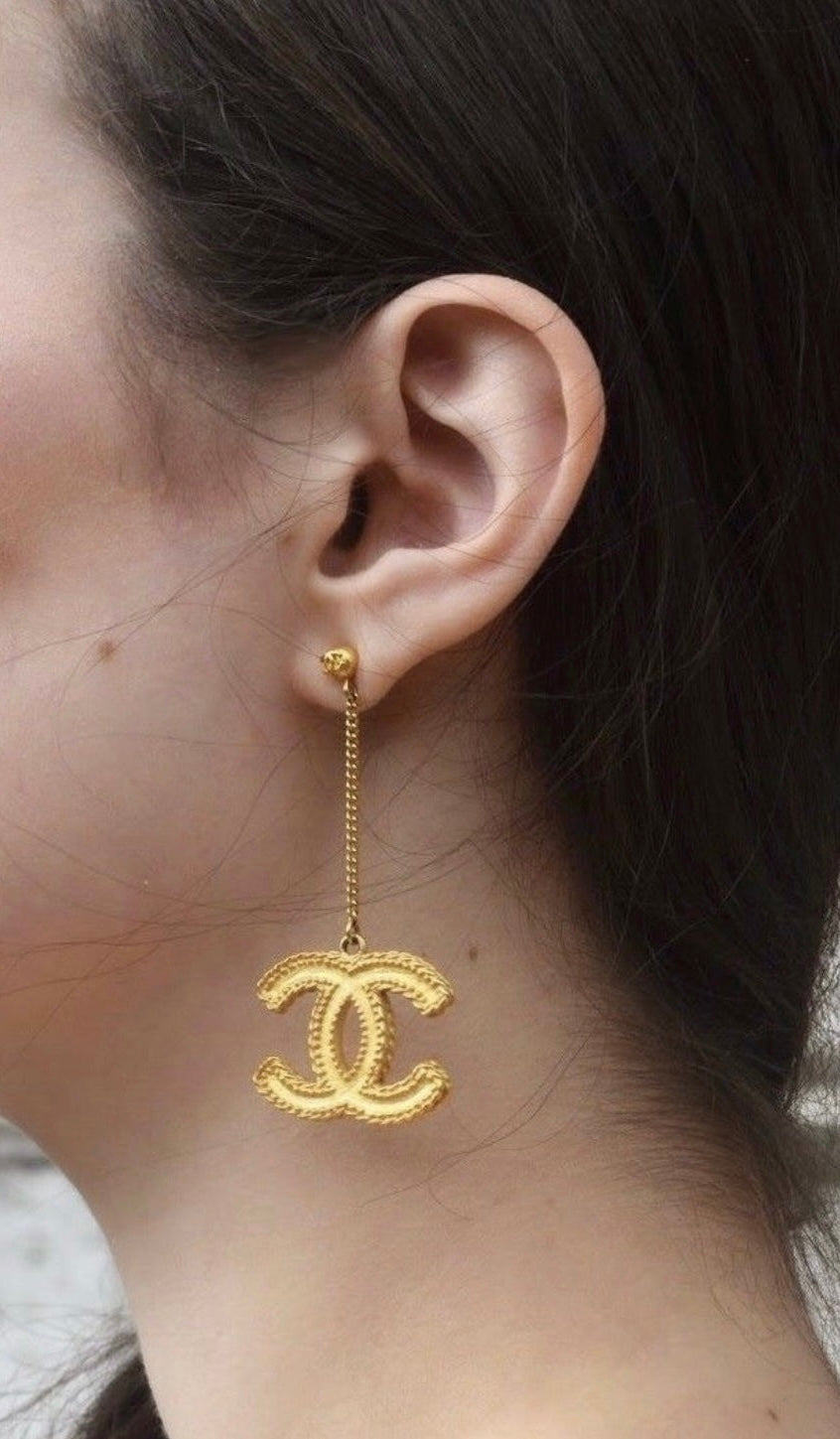 CHANEL Baroque Large CC Dangle Stud Earrings Gold Hardware