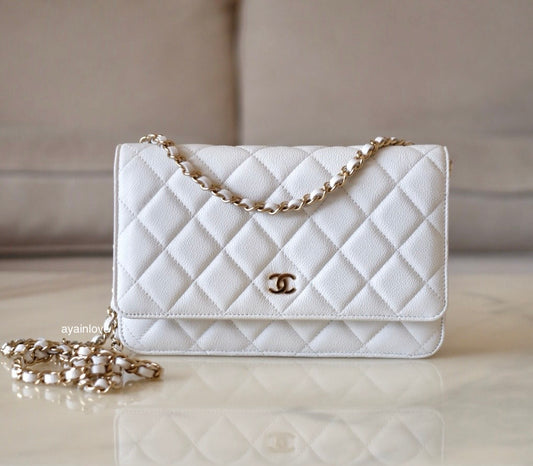 CHANEL 23K White Caviar Classic Wallet On Chain Microchipped Light Gold Hardware