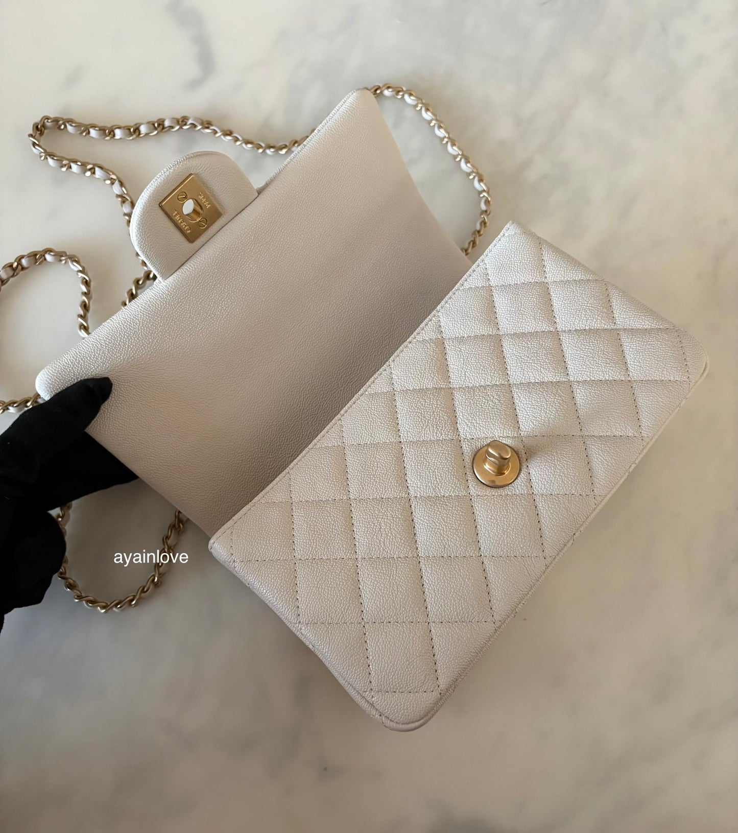 CHANEL 21S Light Beige Caviar Top Handle Rectangular Mini Bag Gold Hardware