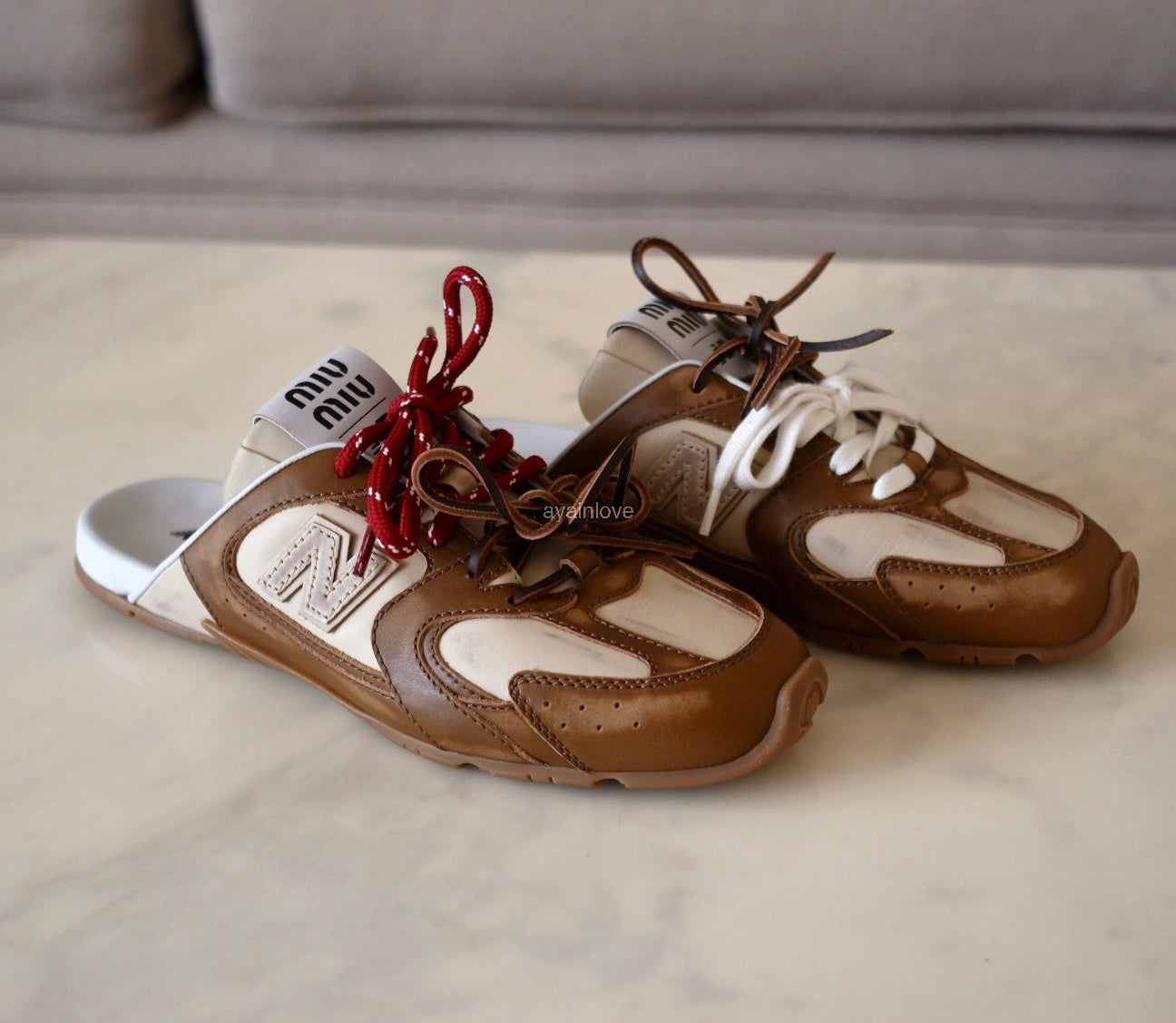 Miu Miu x New Balance 530 SL Brown Cinnamon Bleached Calfskin Mules Loafers Shoes Size 38 EU