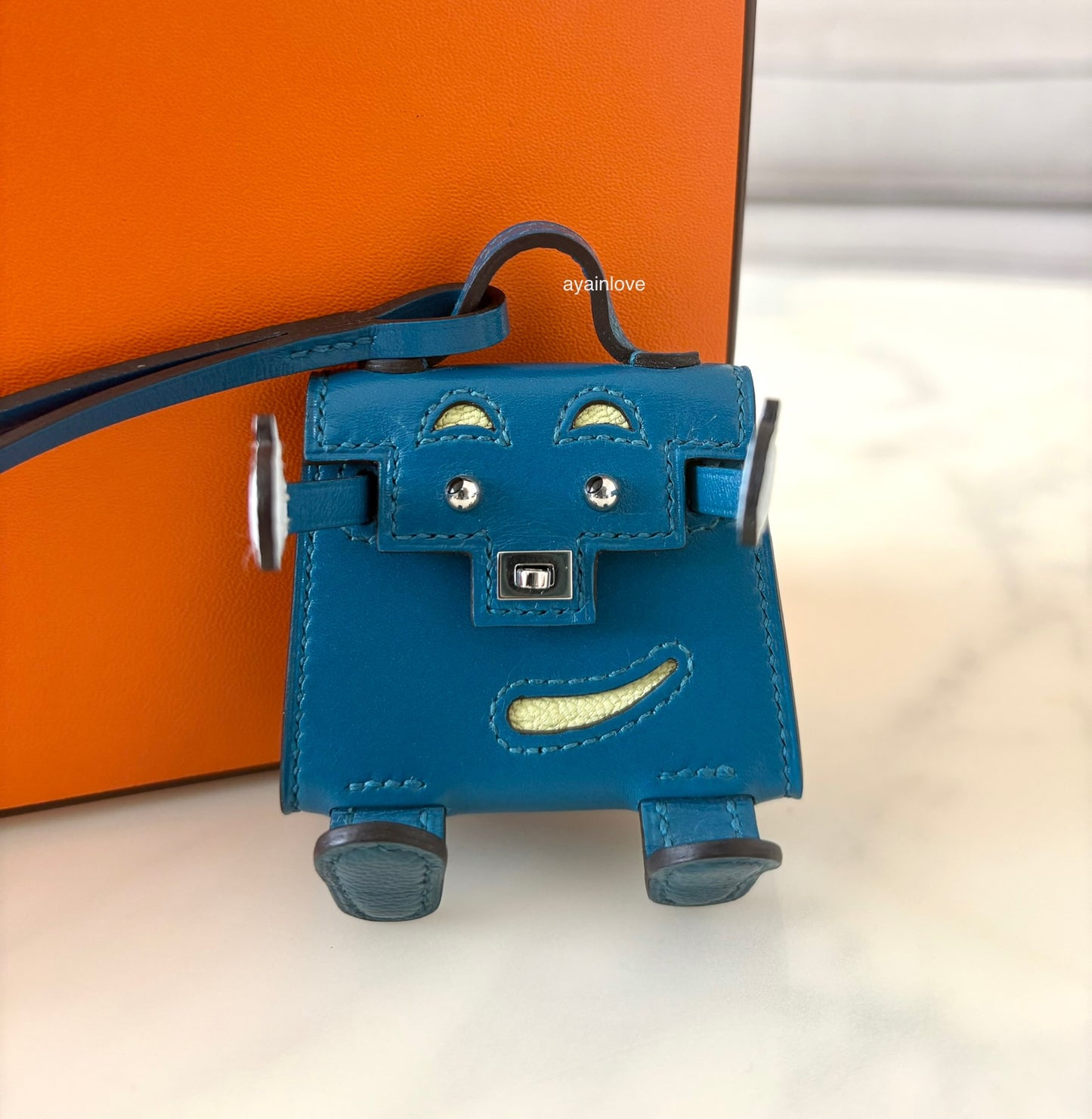 HERMES Kelly Doll Dole Tadelakt Bleu Izmir Bag Charm Palladium Hardware Z Stamp
