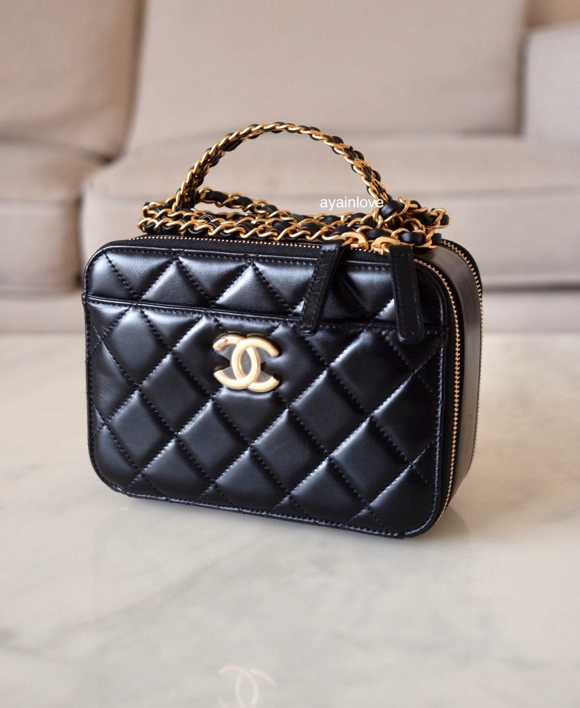 CHANEL 23S Black Lambskin Pick Me Up Quilted Vanity Case Camera Bag Gold Hardware