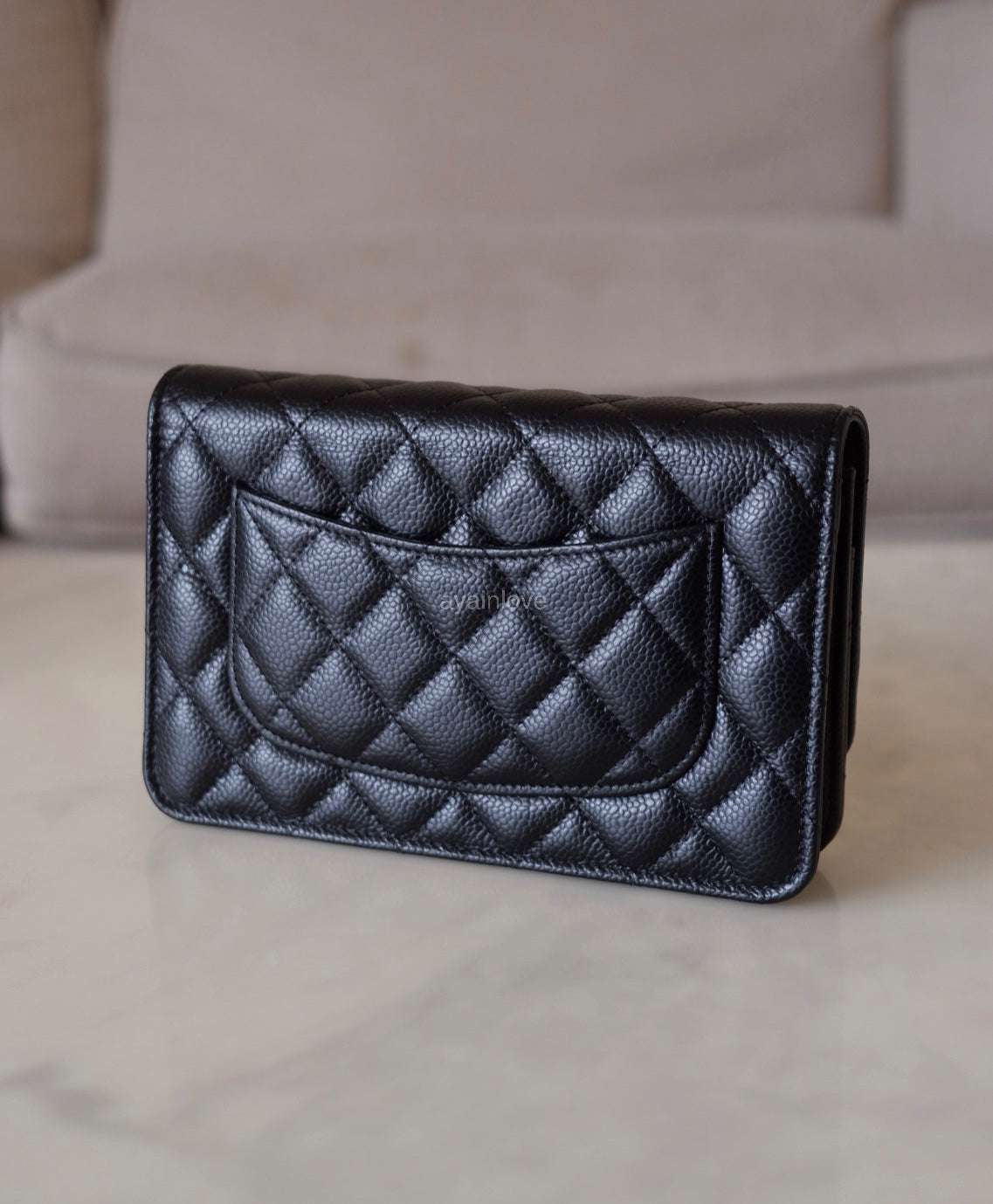 CHANEL Black Caviar Microchipped Classic Wallet On Chain Gold Hardware