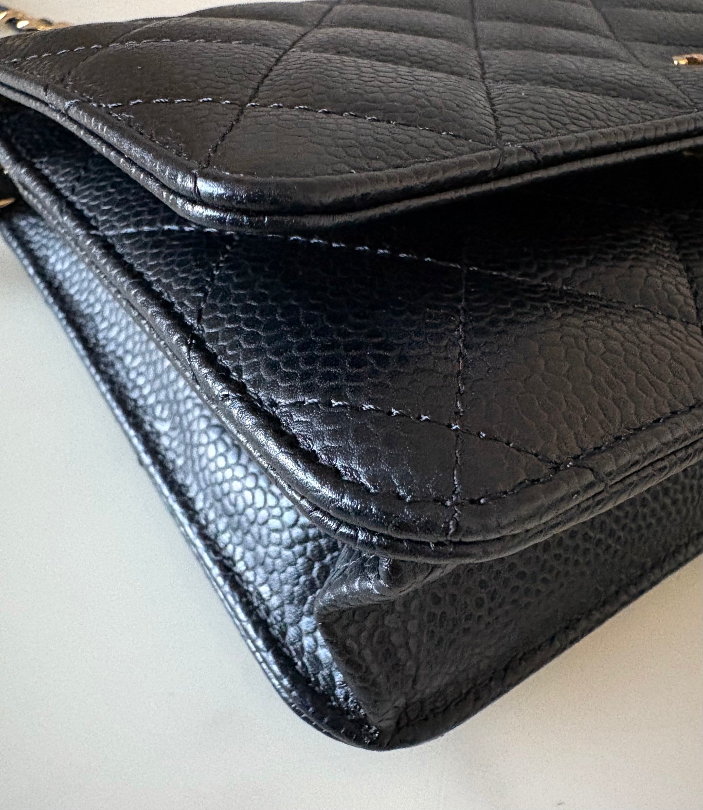 CHANEL Black Caviar Microchipped Classic Wallet On Chain Gold Hardware