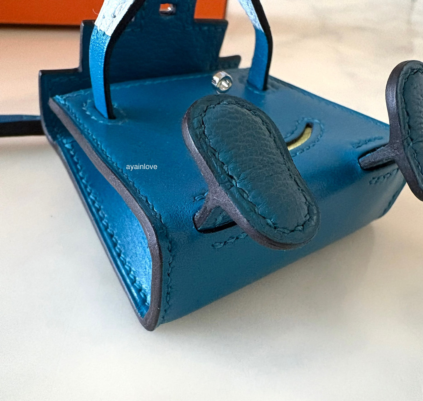 HERMES Kelly Doll Dole Tadelakt Bleu Izmir Bag Charm Palladium Hardware Z Stamp