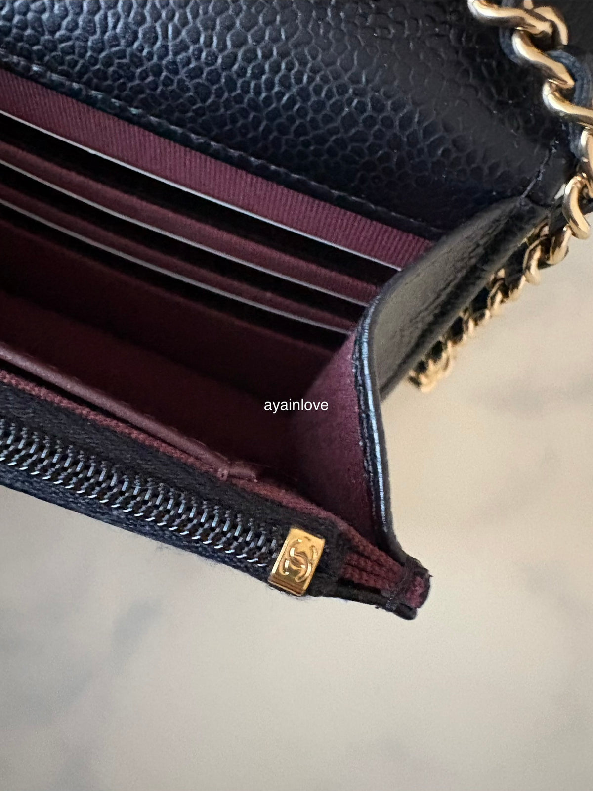 CHANEL Black Caviar Microchipped Classic Wallet On Chain Gold Hardware