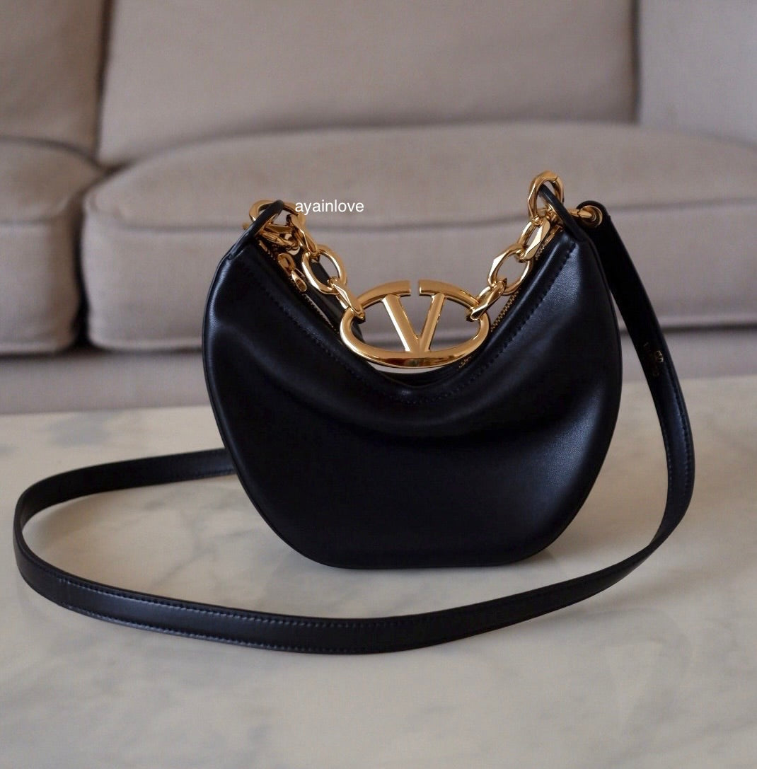 VALENTINO Vlogo Black Moon Zip Up Mini Hobo Bag Gold Hardware