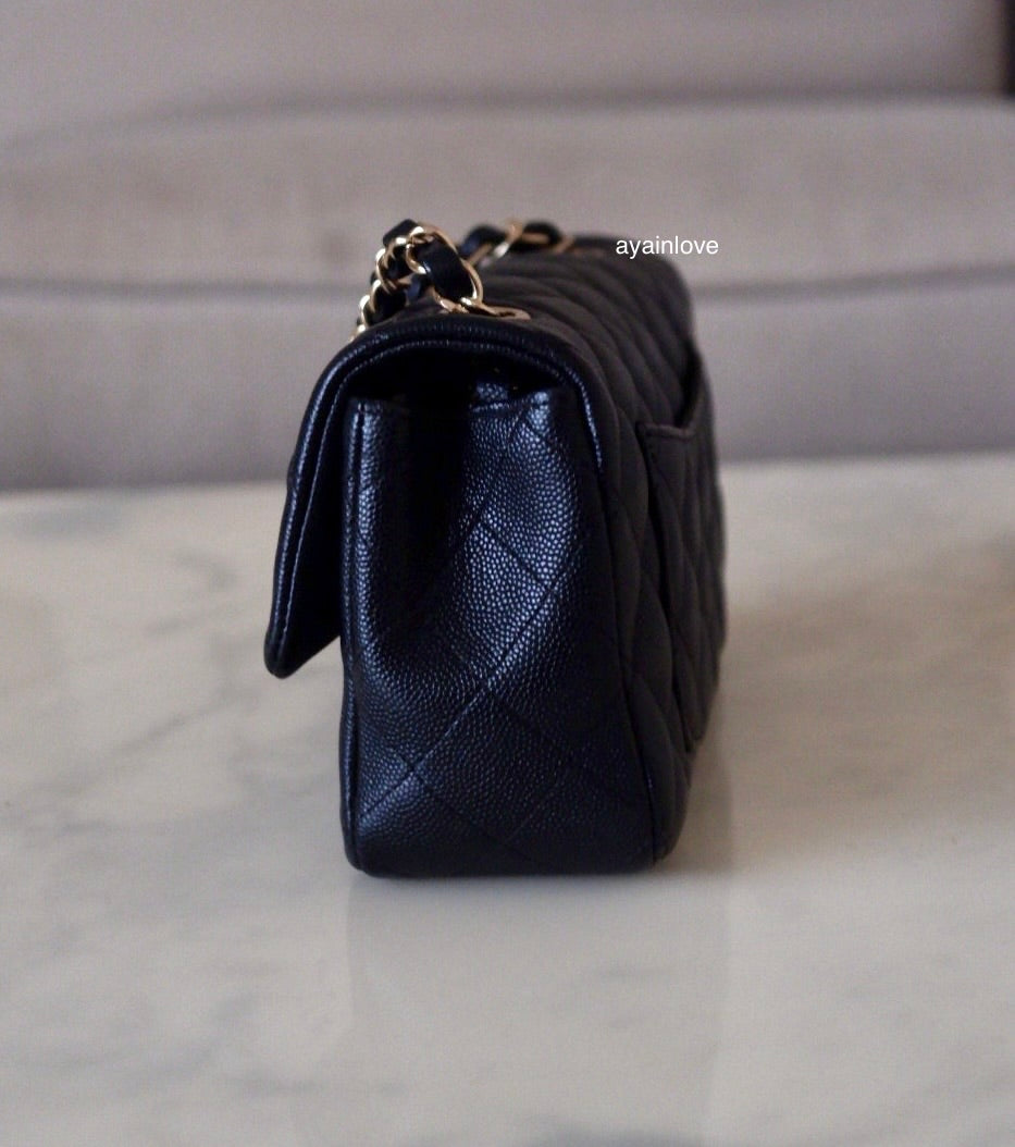CHANEL 18B Black Caviar Quilted Rectangular Mini Flap Bag Light Gold Hardware