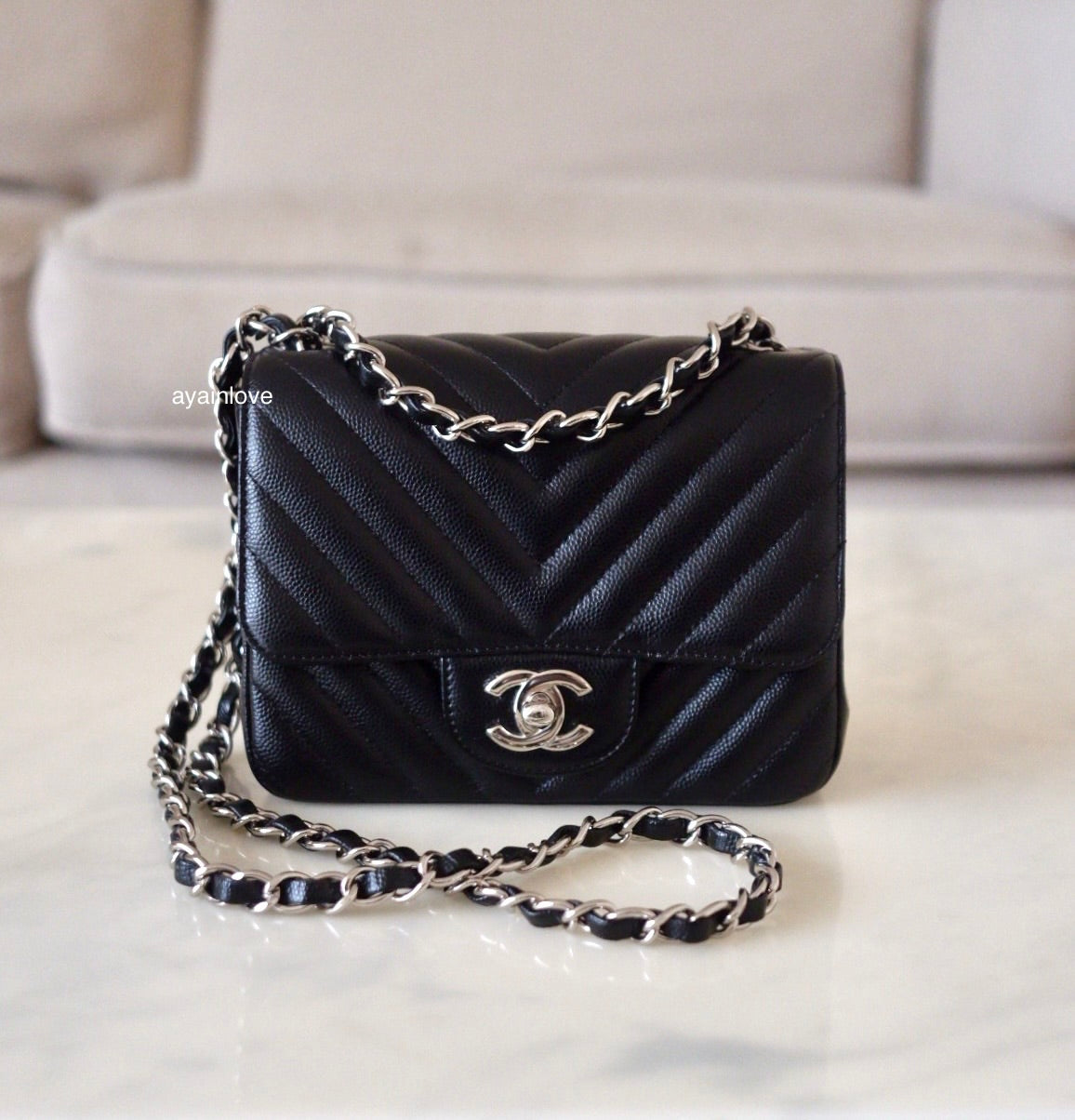 CHANEL 16S Black Caviar Chevron Classic Square Mini Flap Bag Silver Hardware