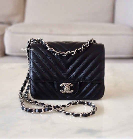 CHANEL 16S Black Caviar Chevron Classic Square Mini Flap Bag Silver Hardware