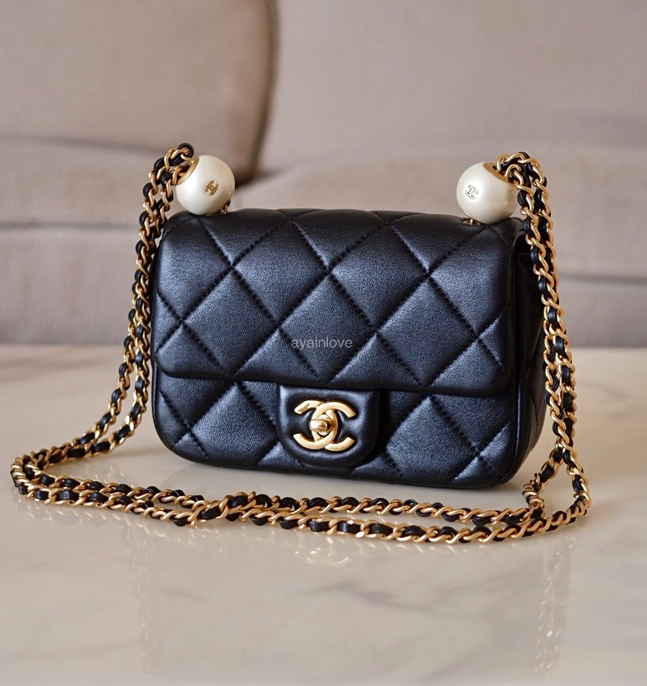 CHANEL 24S Black Lambskin Twin Pearls Quilted Mini Flap Bag Adjustable Gold Hardware