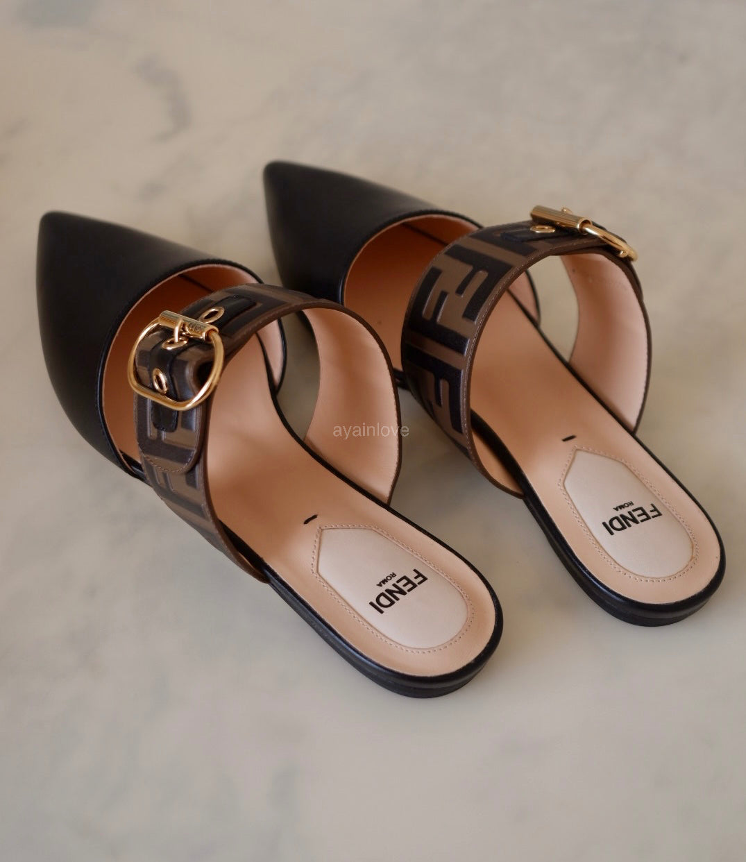 FENDI Vitello Maya Black FF Embossed Monogram Buckle Flat Slides Mules Size 38
