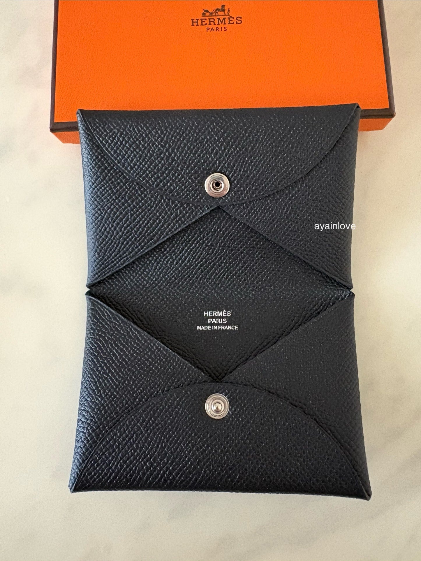 HERMES Calvi Black Noir Epsom Card Holder Palladium Hardware