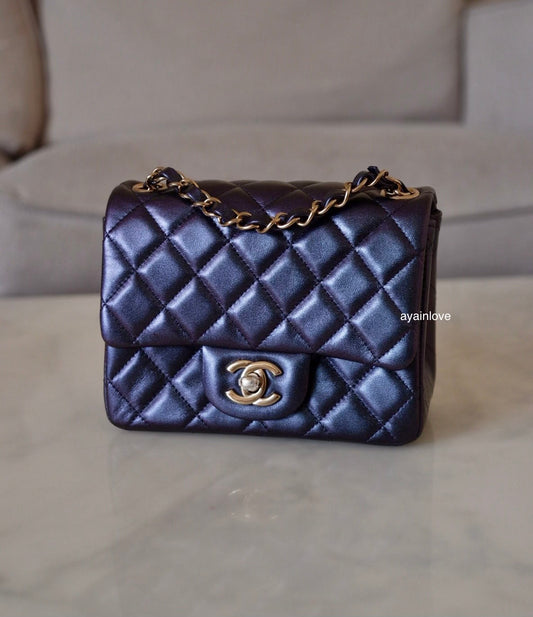 CHANEL 22B Iridescent Black (Purple Mermaid Undertone) Calfskin Square Mini Bag Light Gold Hardware
