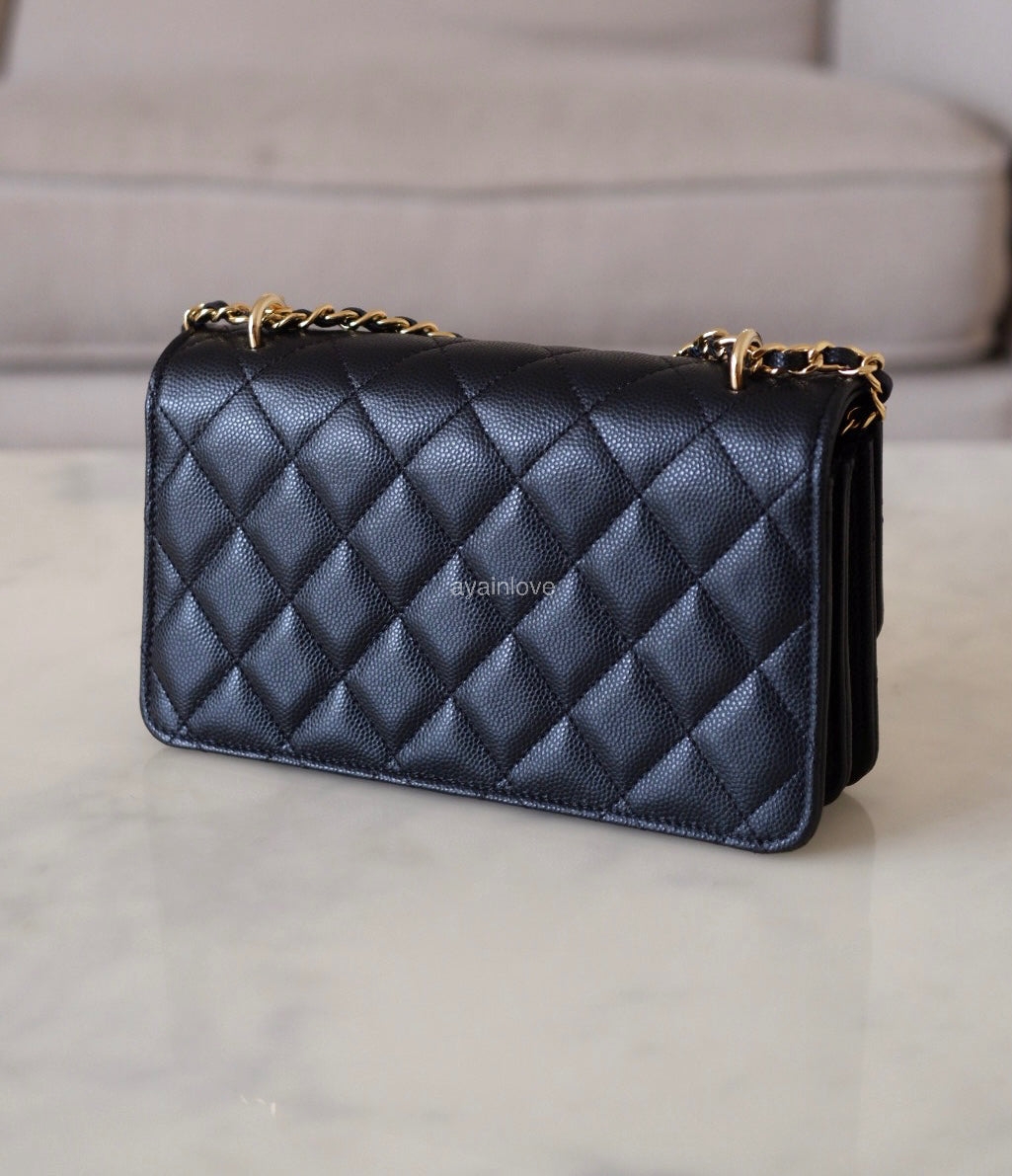 CHANEL 23S Black Caviar Wallet on Chain with Bag Charm Gold Hardware