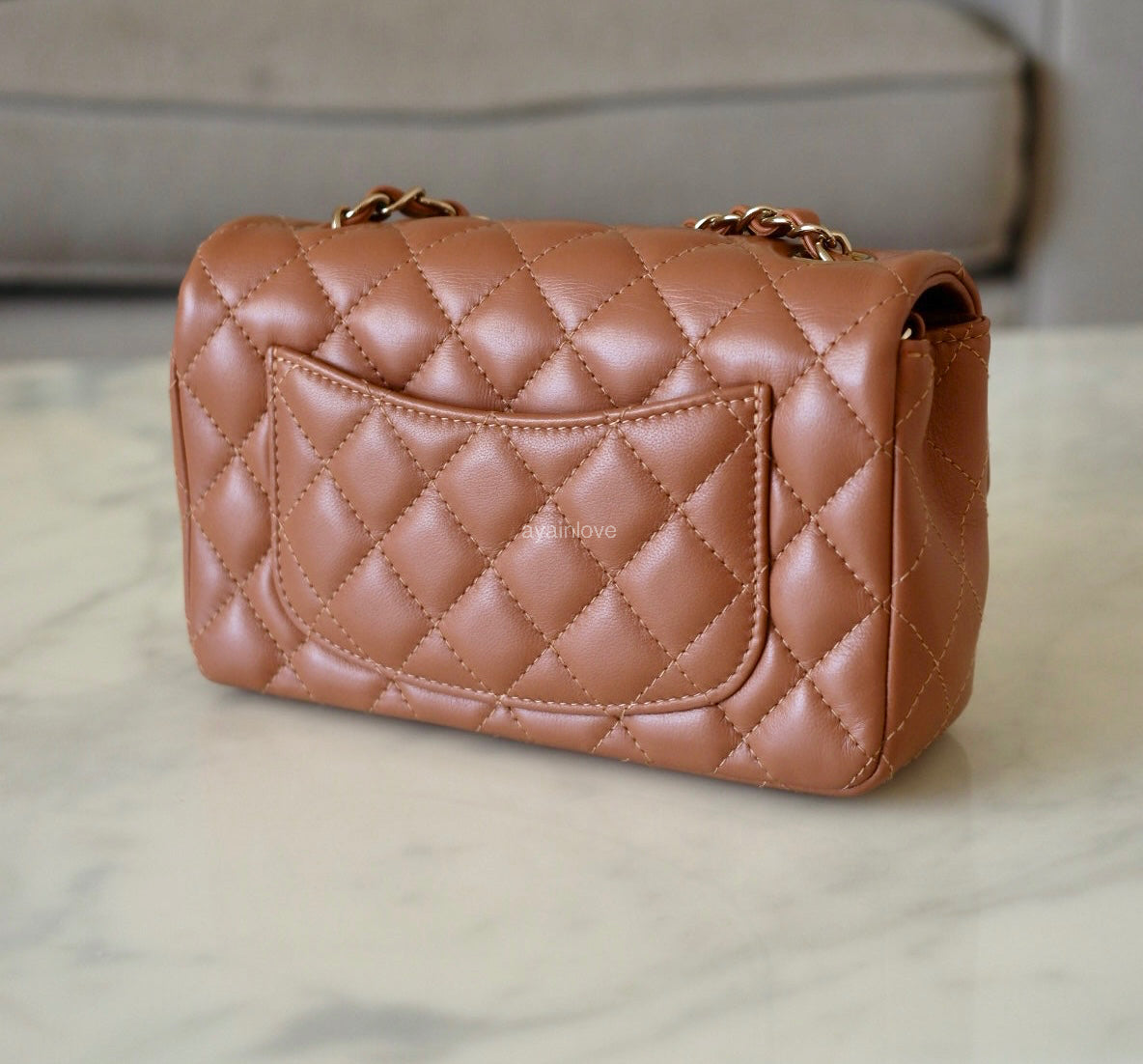 CHANEL 22S Caramel Brown Lamb Skin Rectangular Mini Light Gold Hardware