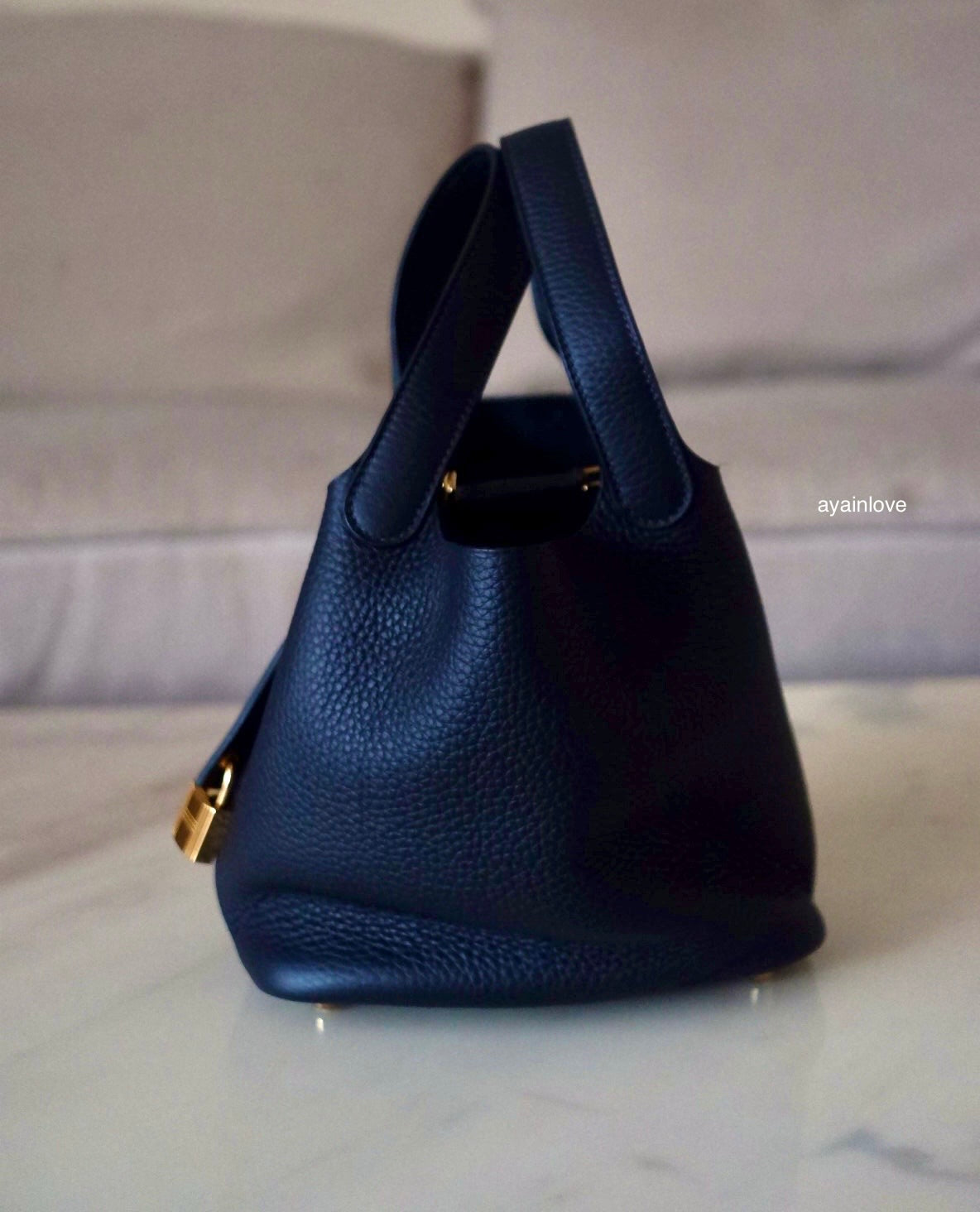 HERMES Picotin Lock 18 Caban Dark Blue Black Taurillion Clemence Gold Hardware K Stamp