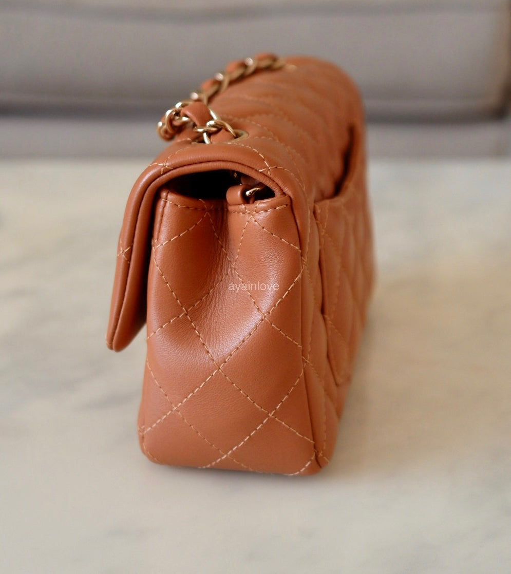 CHANEL 22S Caramel Brown Lamb Skin Rectangular Mini Light Gold Hardware