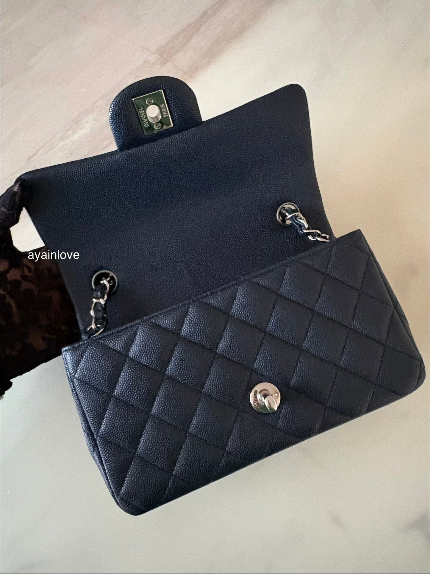 CHANEL 18B Navy Blue Caviar Quilted Rectangular Mini Flap Bag Silver Hardware