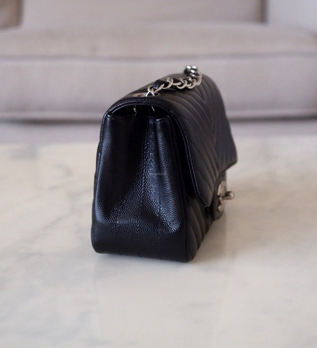 CHANEL 16S Black Caviar Chevron Classic Square Mini Flap Bag Silver Hardware